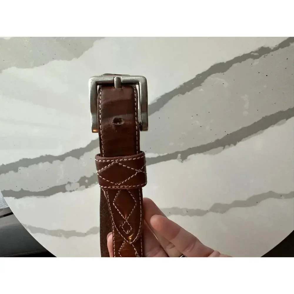 Vintage Fossil Brown Diamond Stitch Pattern Leather Belt mens small